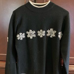 Vintage ski sweater and cap, black with white snowflakes, no size tag